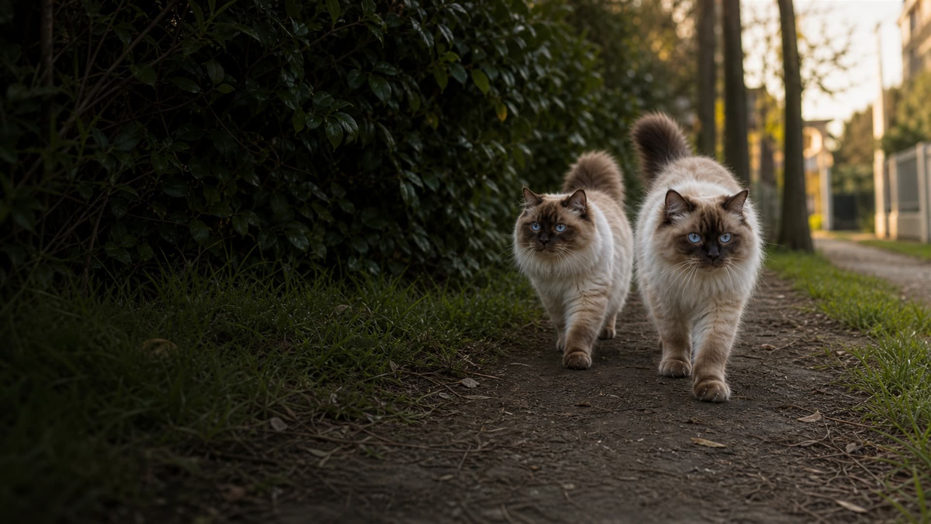 Loki und Nox laufen gemeinsam auf einem vertrauten Weg in ihrer Nachbarschaft